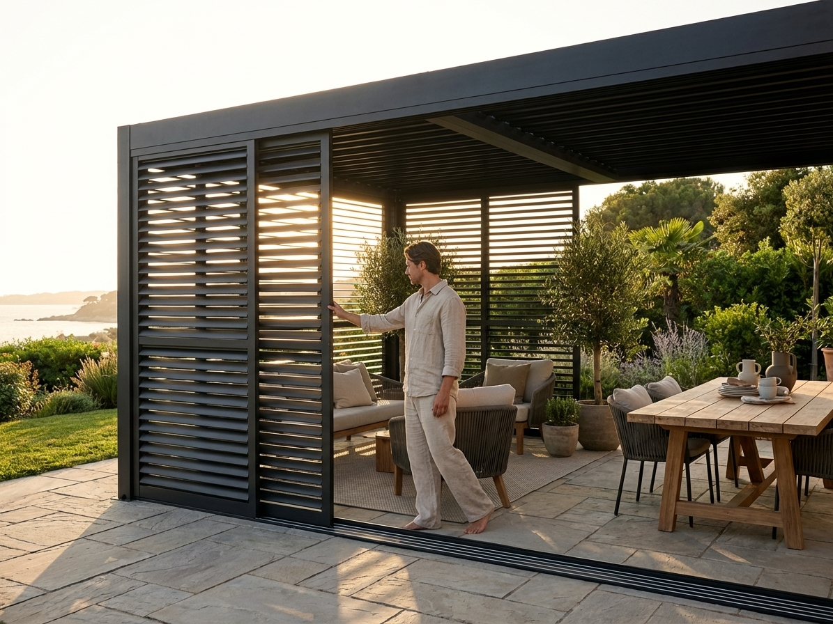 Louvre sliding door set for pergola in black aluminium - view 3