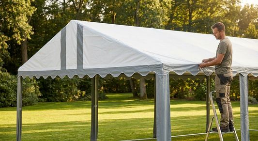 Marquee roof cover 6x12 m in white and grey made from strong PVC - product detail