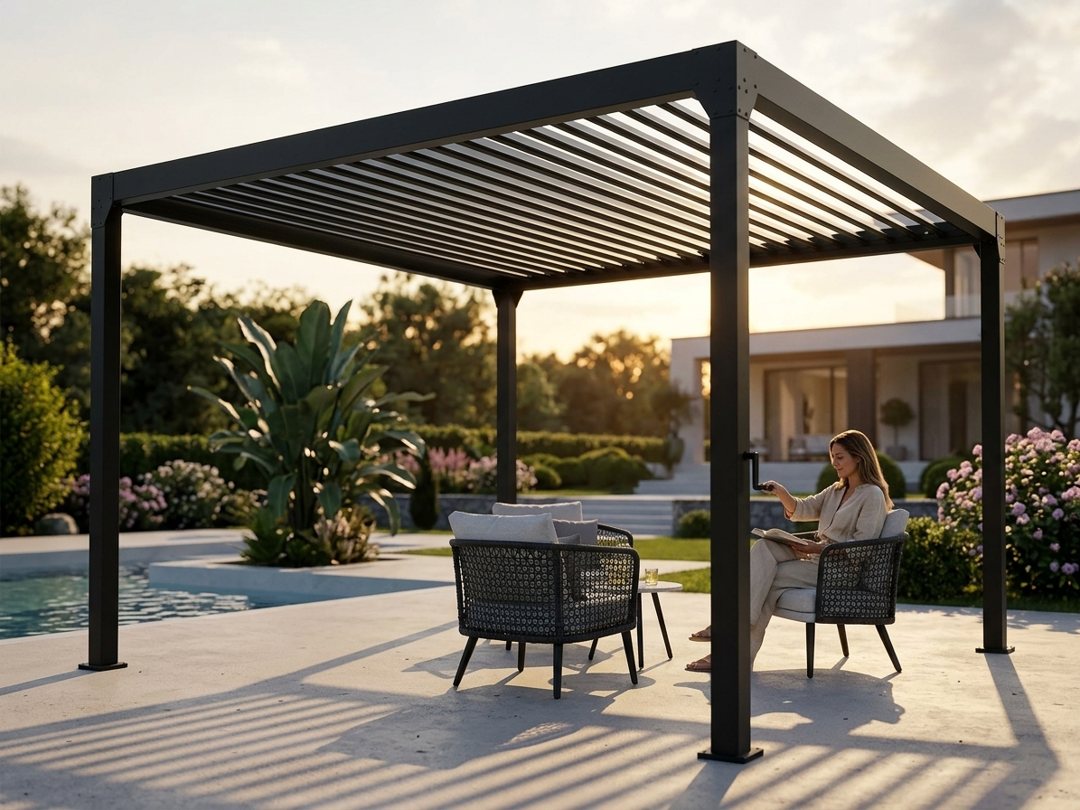 Bioclimatic pergola gazebo in black with galvanised steel roof - product detail