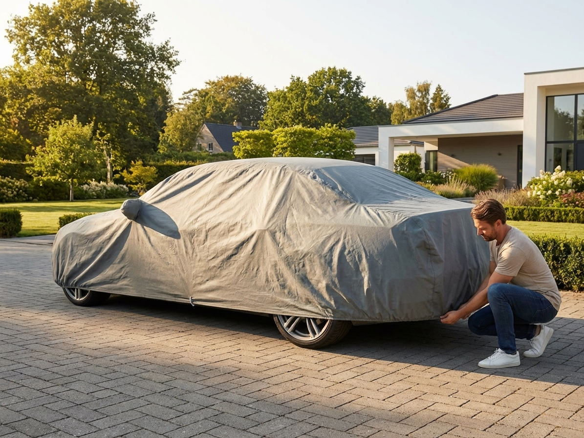 Grey car cover providing outdoor protection - view 3