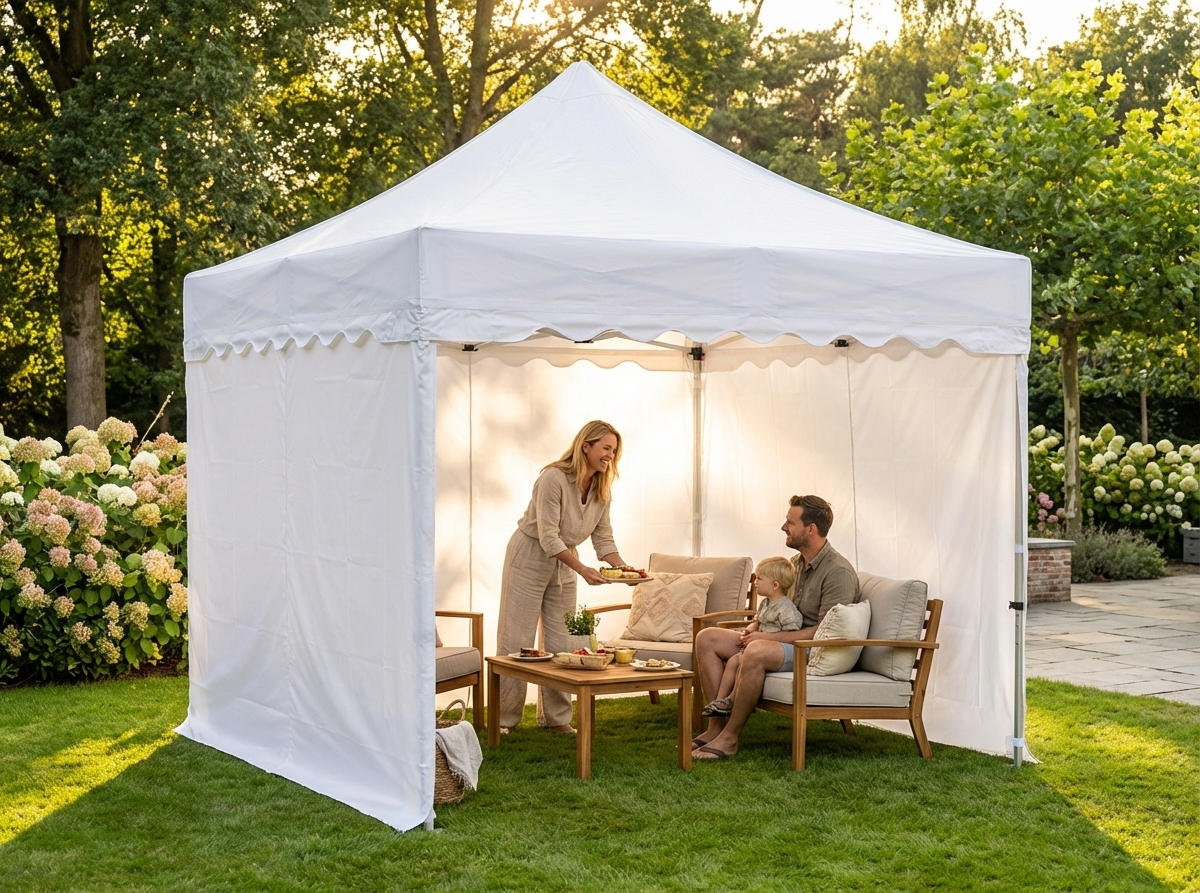 White pop-up gazebo with steel frame set up for an outdoor event - view 3