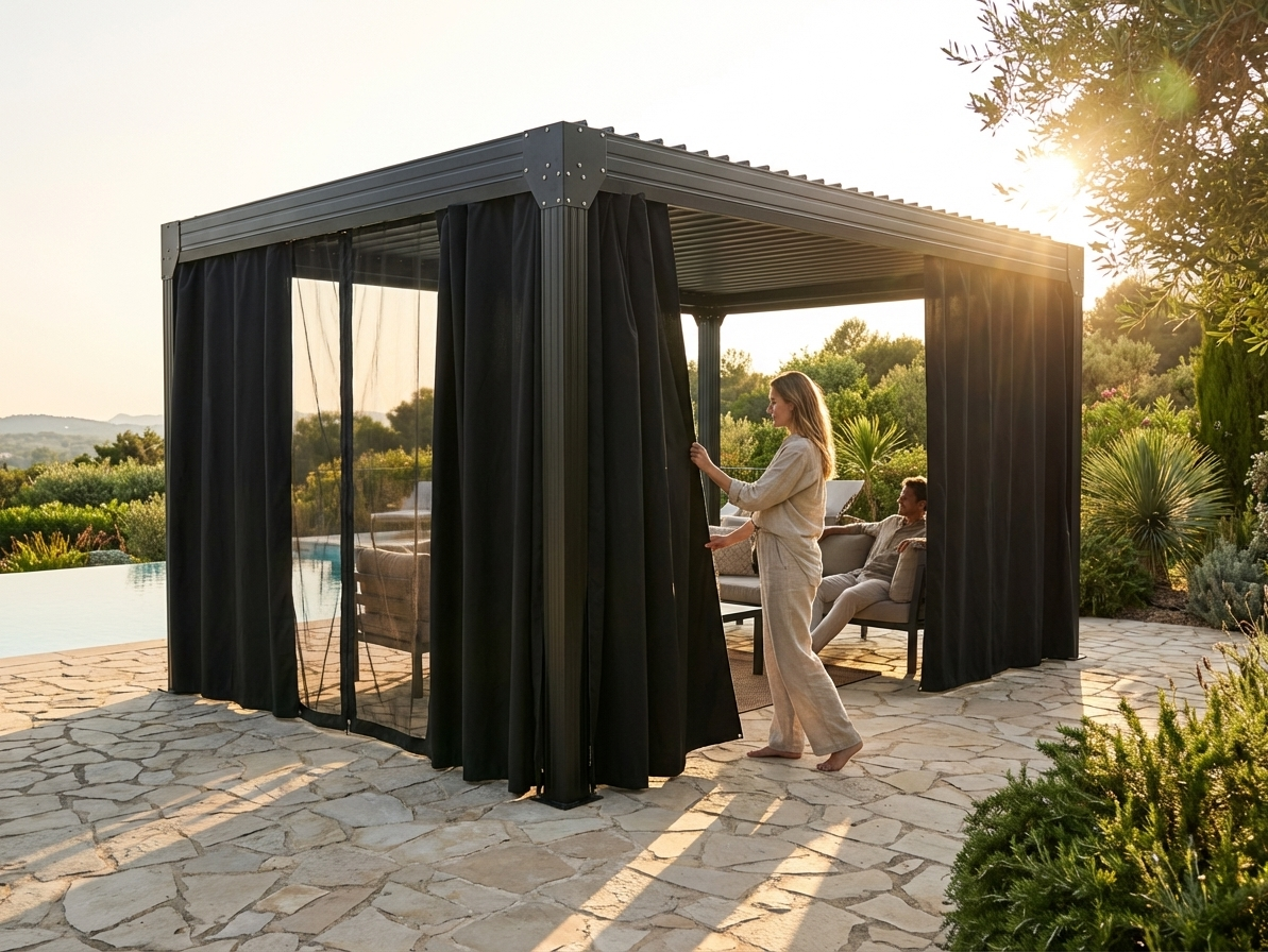 Black pergola gazebo sidewalls and mosquito net set - view 3