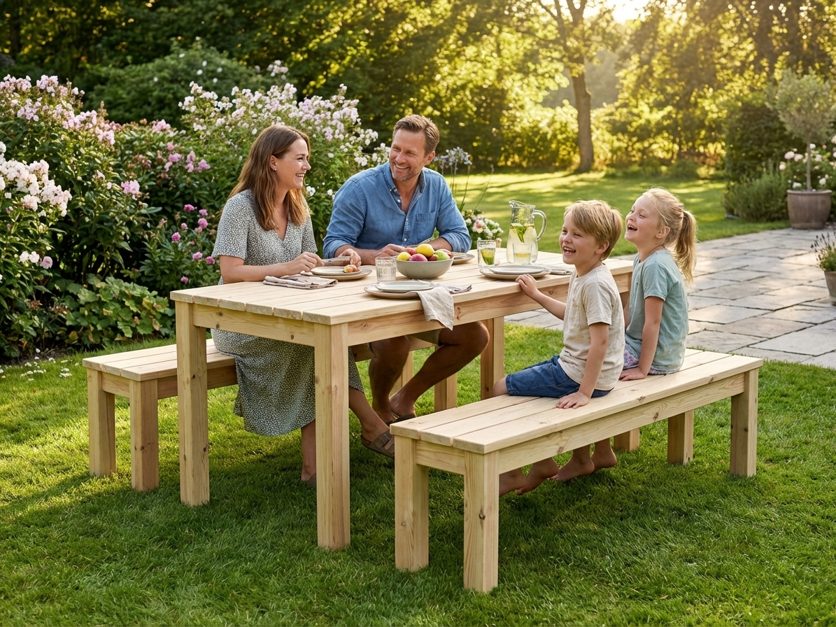 Wooden garden table and bench set in natural finish - view 3