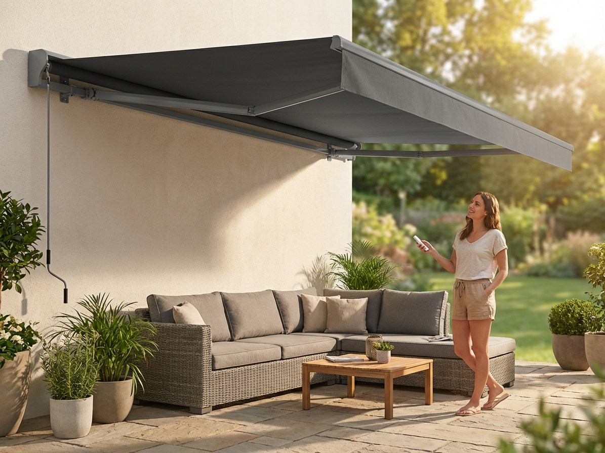 Grey awning with remote control for outdoor use - view 3