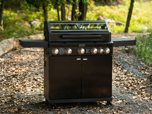 Black gas BBQ grill made of powder-coated steel for outdoor use - product detail