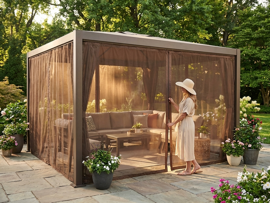 Brown mesh gazebo curtain 4x4m for outdoor use - product detail