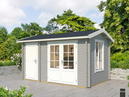 Wooden cabin with shed in light grey Nordic Spruce - product detail