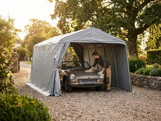 Portable garage in grey with polyethylene tarpaulin and steel frame - product detail