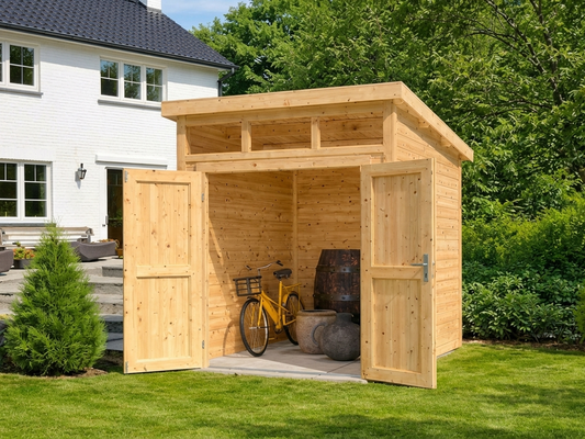 Wooden garden shed in natural Nordic spruce for outdoor storage - product detail