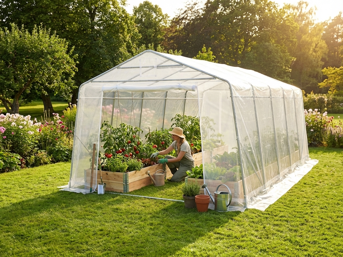 Transparent polytunnel greenhouse with galvanised steel frame for outdoor gardening - view 3