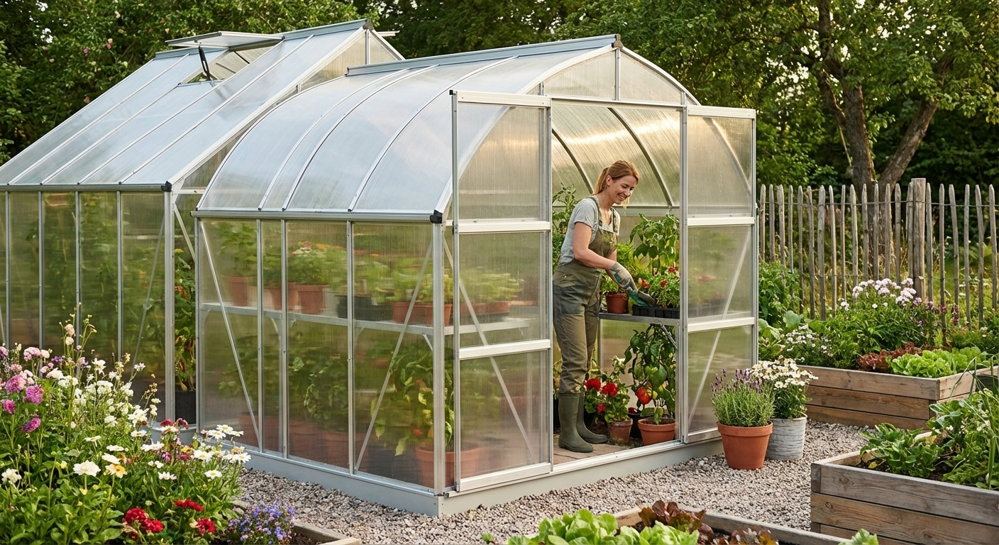 Greenhouse extension with polycarbonate and galvanised steel, 6 m² silver - view 3