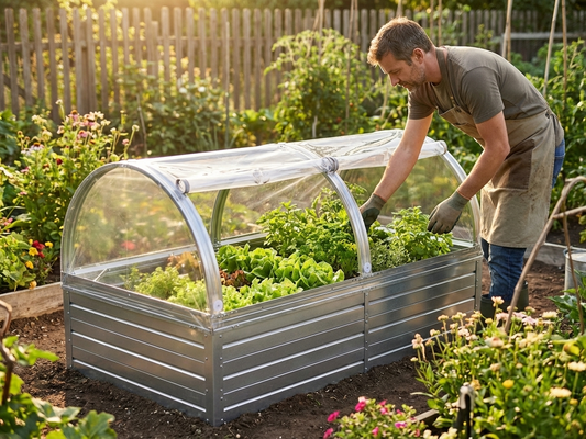 Raised garden bed with arched PVC cover in silver - view 3