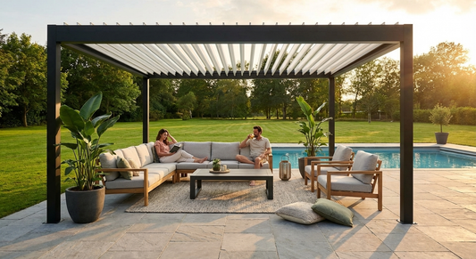 Bioclimatic pergola gazebo in black and white, outdoor aluminium structure - product detail