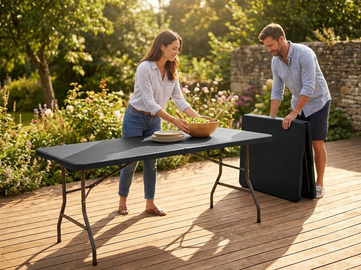 Folding table in black, 180x74x74 cm, made of HDPE and steel - view 3
