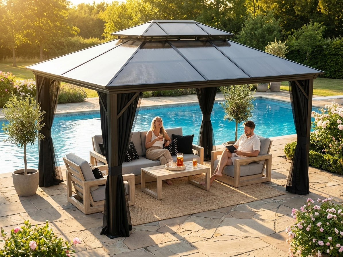 Black aluminium gazebo with curtains and mosquito net for outdoor use - view 3
