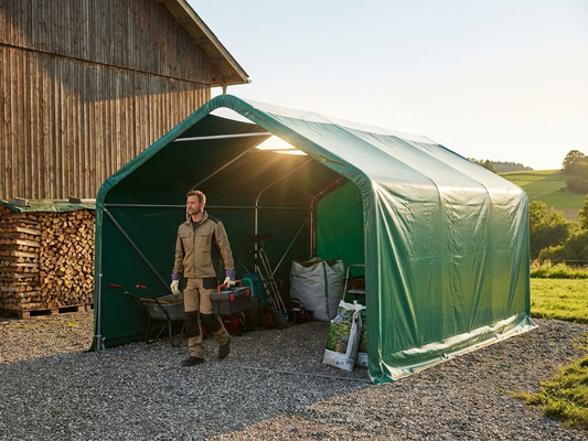 Green PVC roof cover for 7x7 m storage shelter - product detail
