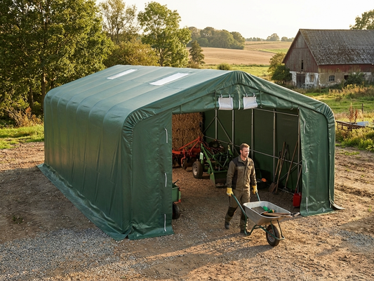 Green storage shelter 7x7x3.8m made of PVC and steel for outdoor use - product detail
