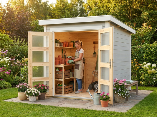 Wooden shed in light grey made from Nordic Spruce for garden storage - product detail