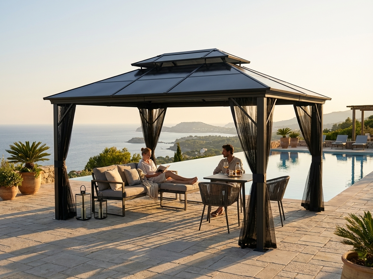 Gazebo in black with aluminium frame and mosquito net - view 3