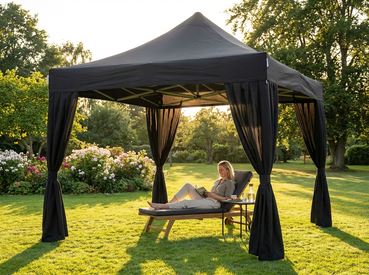 Black pop-up gazebo with steel frame and decorative curtains - view 3