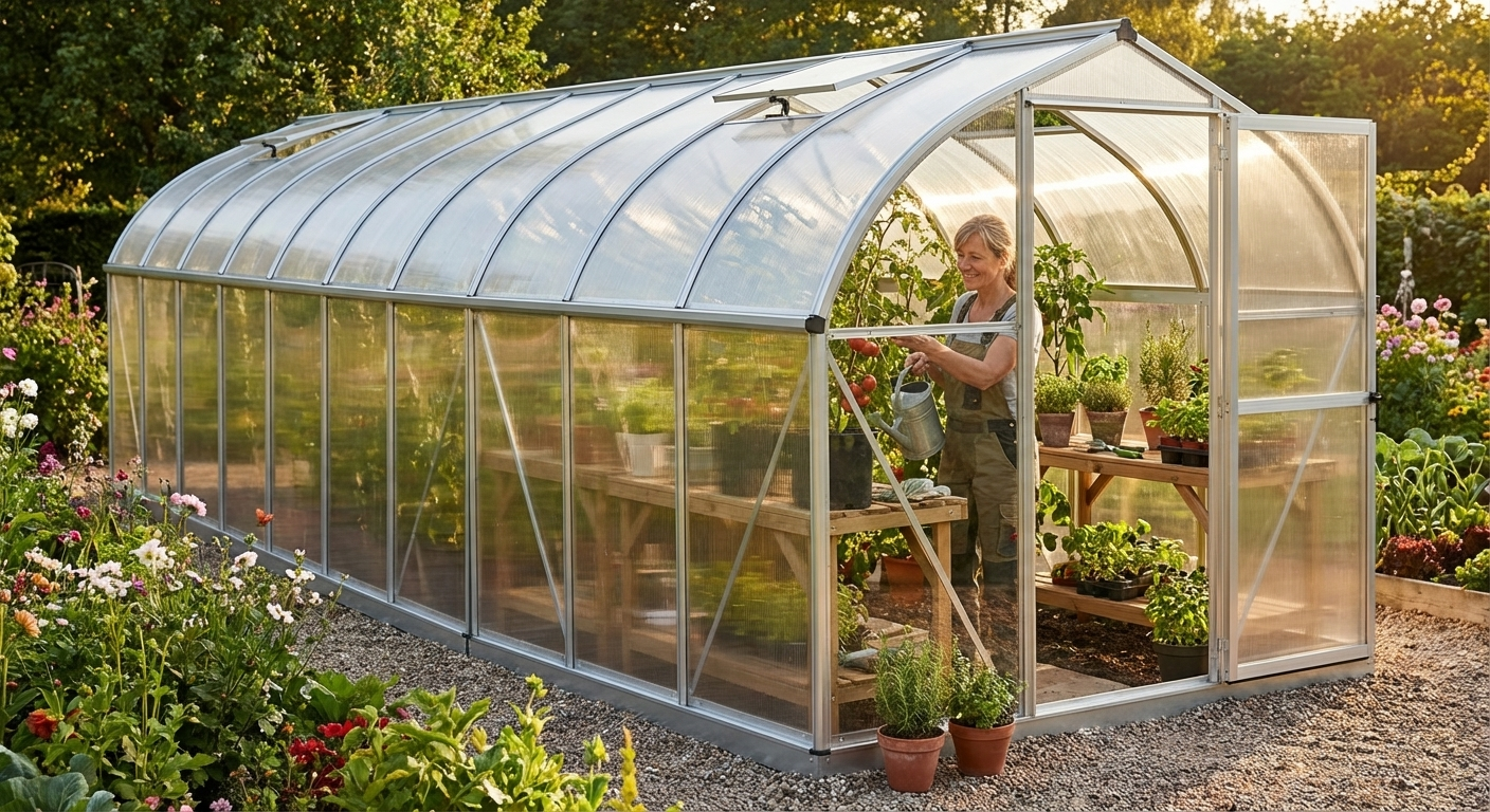 Greenhouse extension in silver with polycarbonate and steel frame - view 3