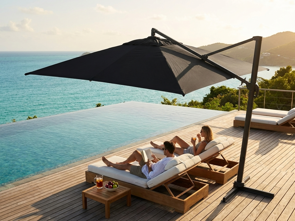 Black cantilever parasol with aluminium frame, ideal for garden use - view 3