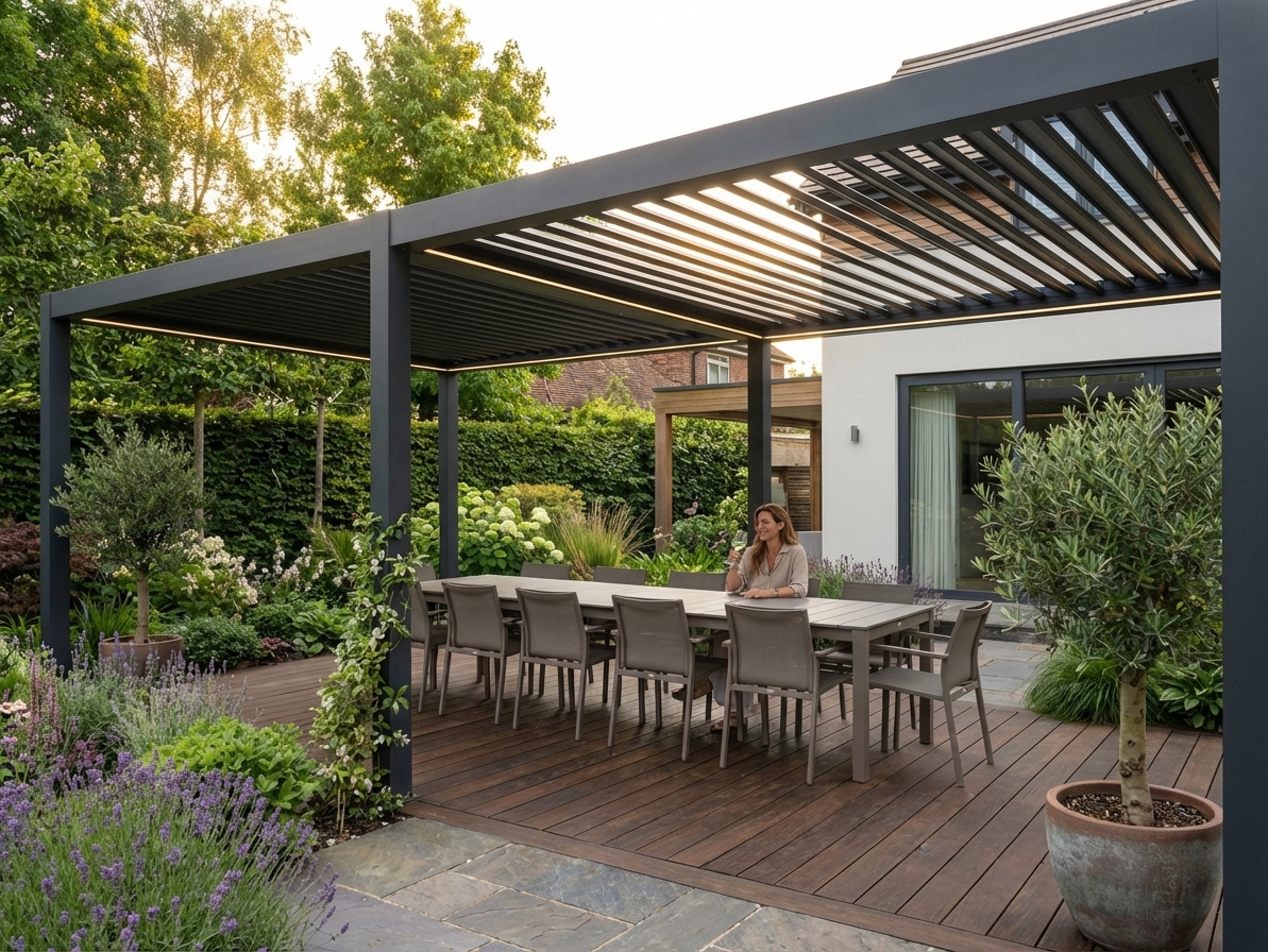Bioclimatic pergola gazebo in black with steel frame for outdoor use - view 3