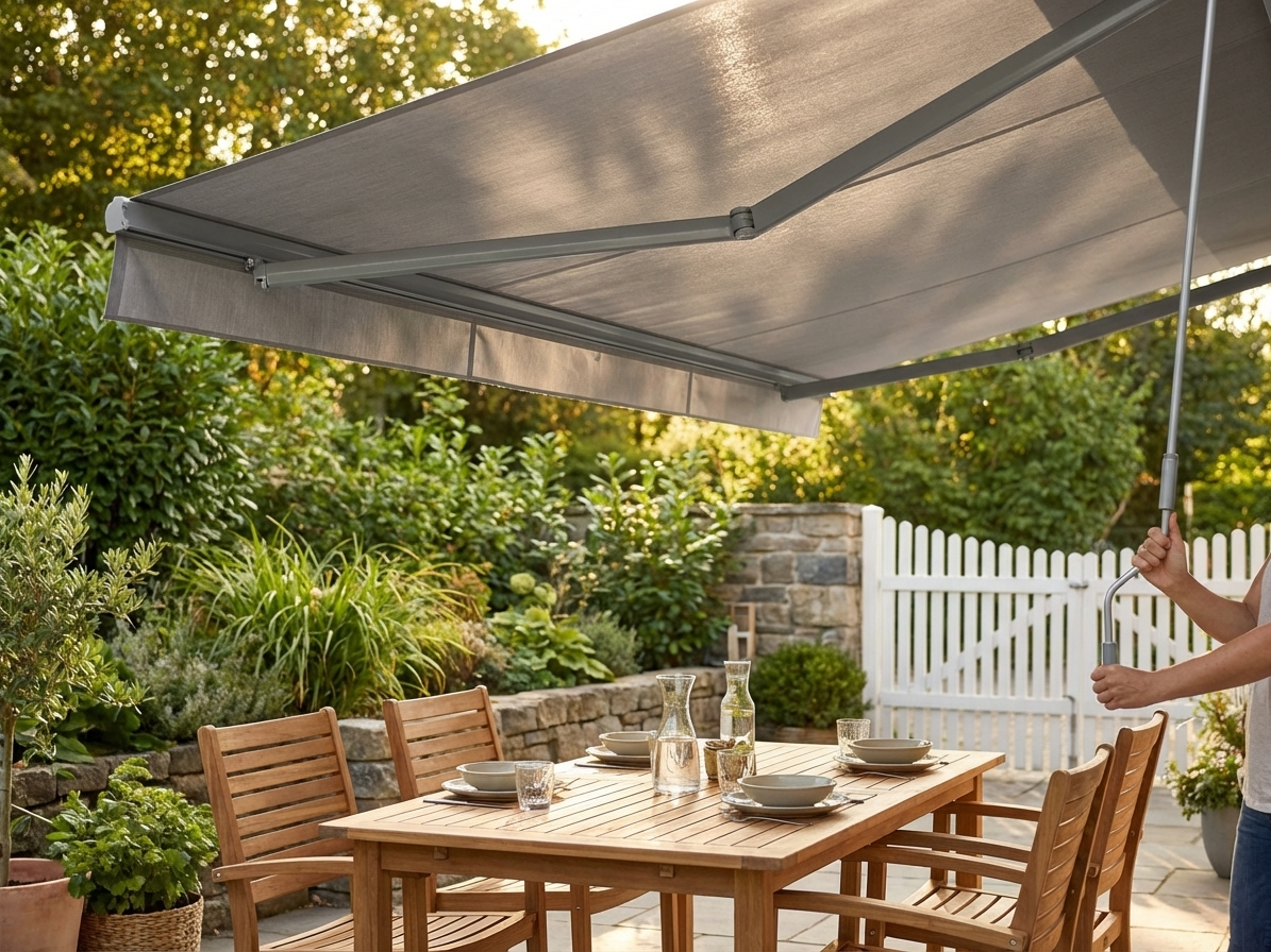 Grey awning with crank handle and aluminium frame for outdoor use - view 3