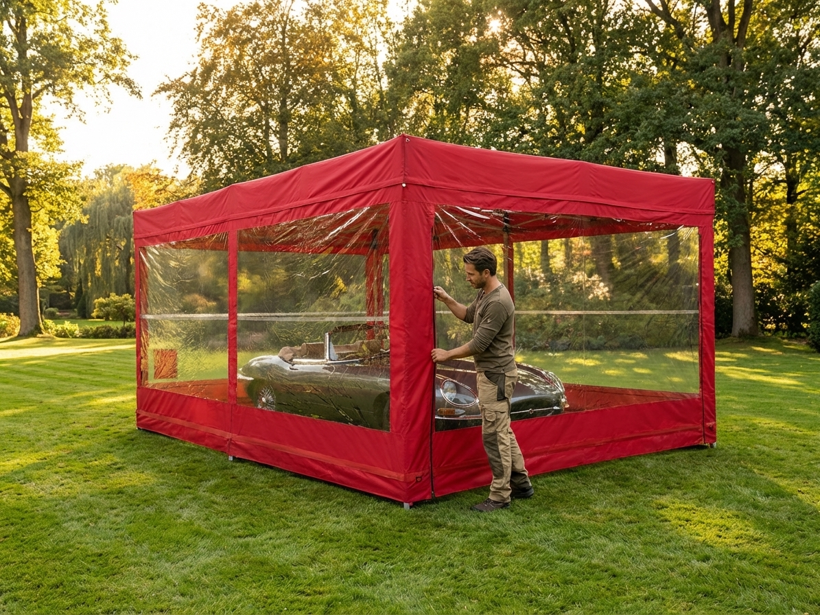 Folding car shelter in red with steel frame - view 3
