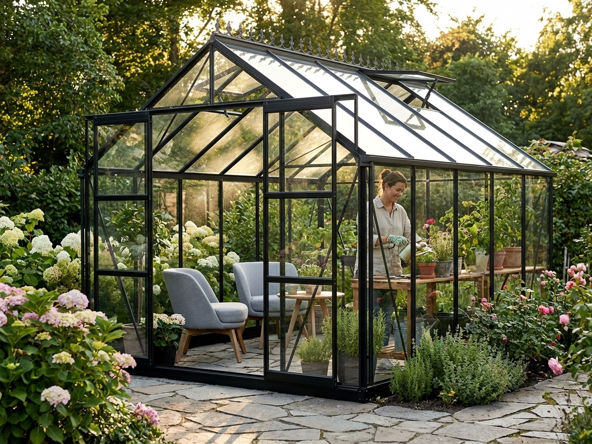Black greenhouse with glass panels and aluminium frame - view 3