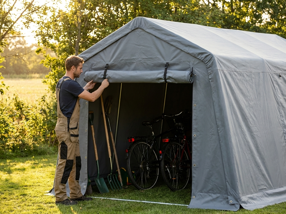 Grey polyethylene endwall/door for a storage tent - view 3