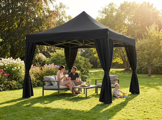 Black pop-up gazebo with steel frame and decorative curtains - product detail