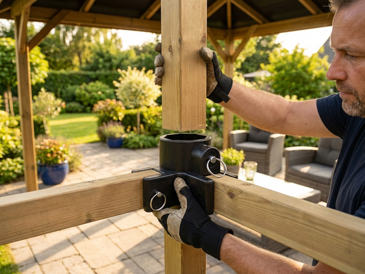 Black corner leg fitting made from steel and plastic - product detail