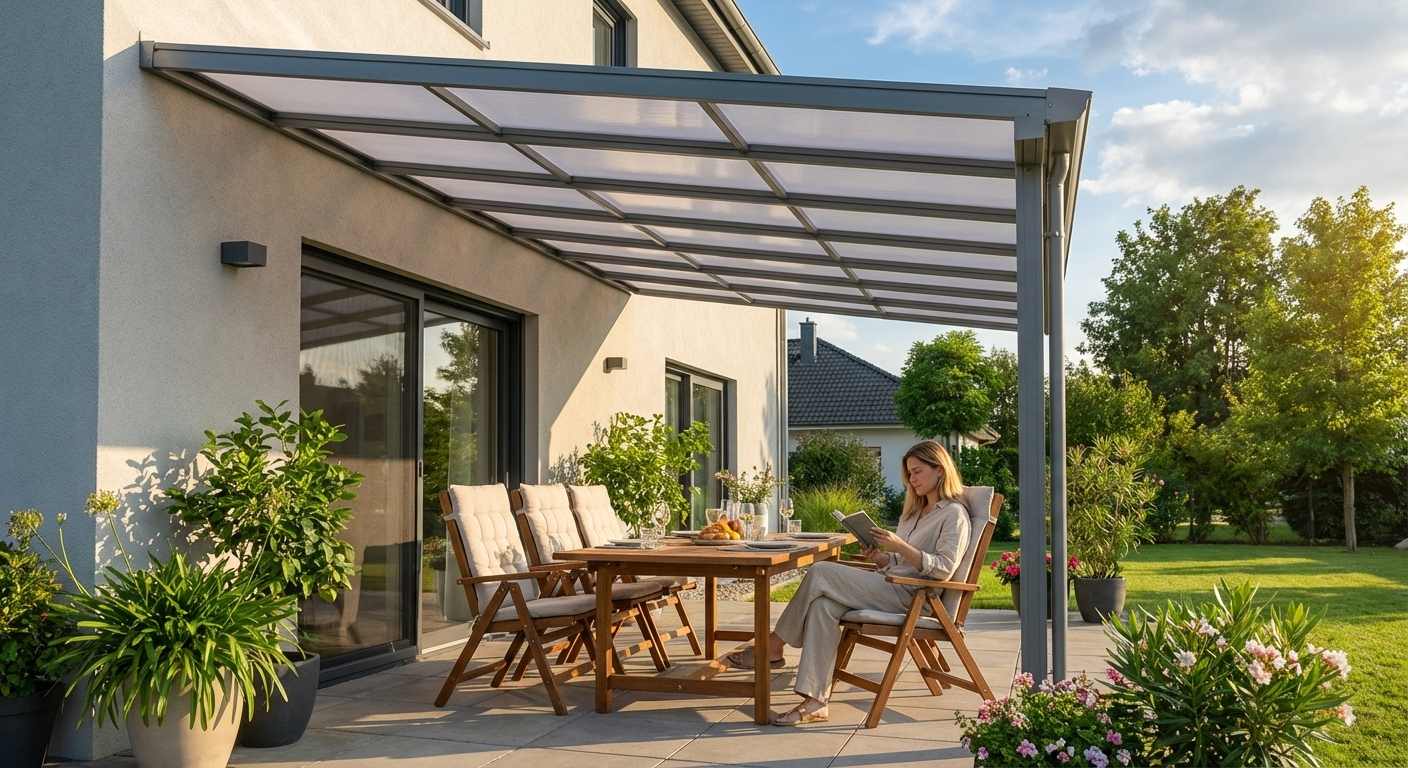 Grey aluminium and polycarbonate patio cover for outdoor shelter - view 3
