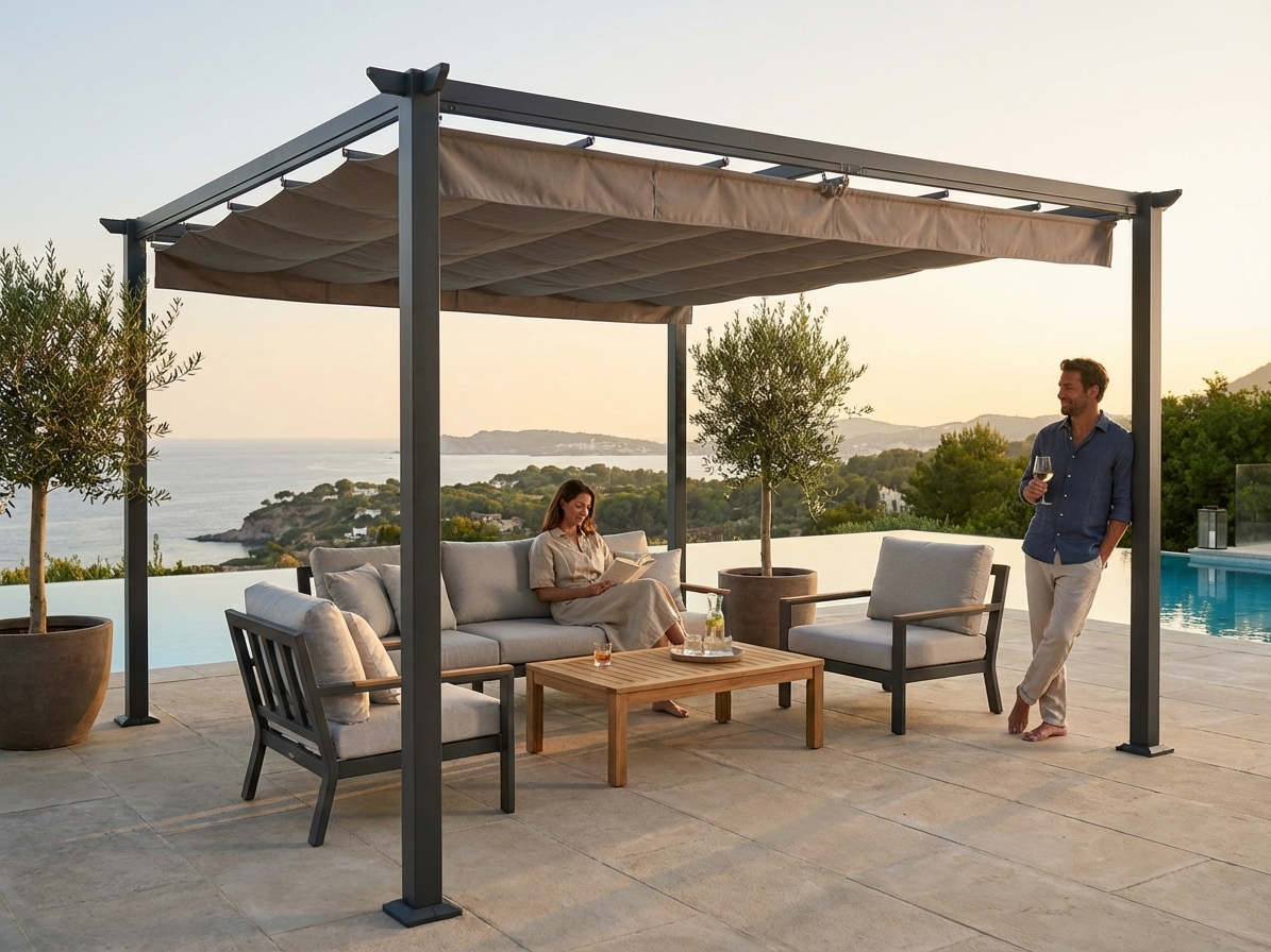Dark grey pergola gazebo with aluminium frame for outdoor use - view 3