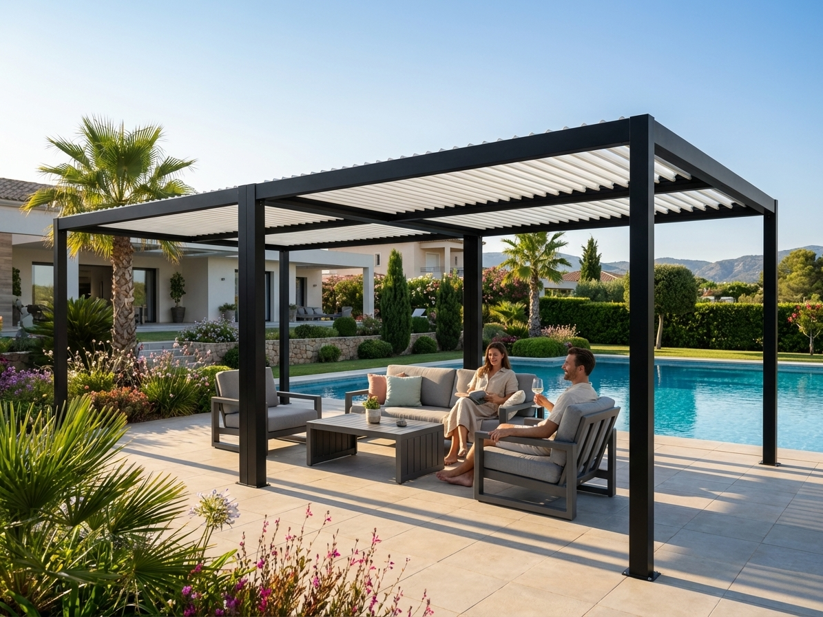Bioclimatic pergola gazebo in black and white, aluminium frame - view 3