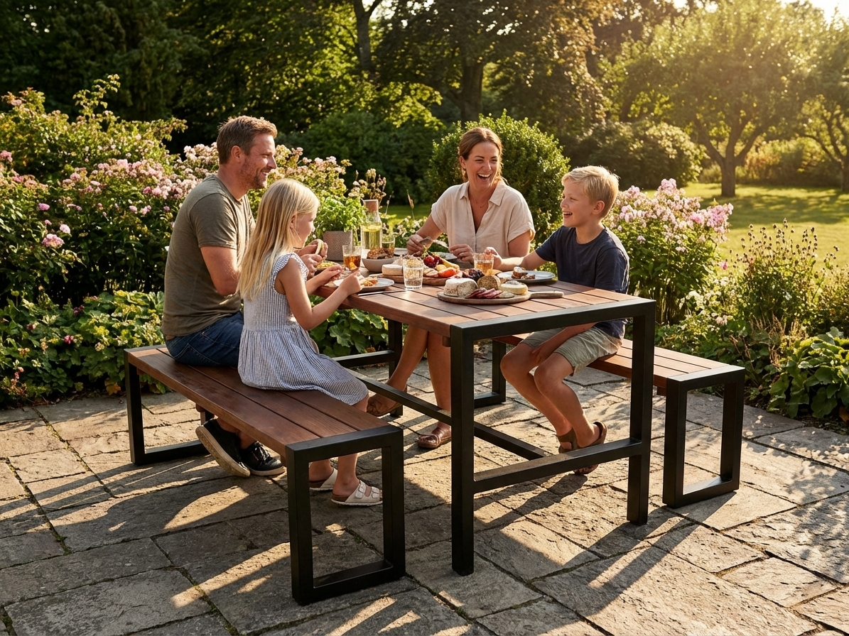 Picnic table set in dark wood with a black steel frame, outdoor use - view 3