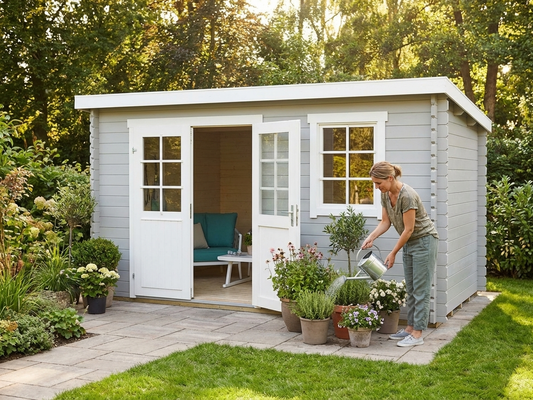Light grey wooden shed made of Nordic Spruce for garden use - product detail
