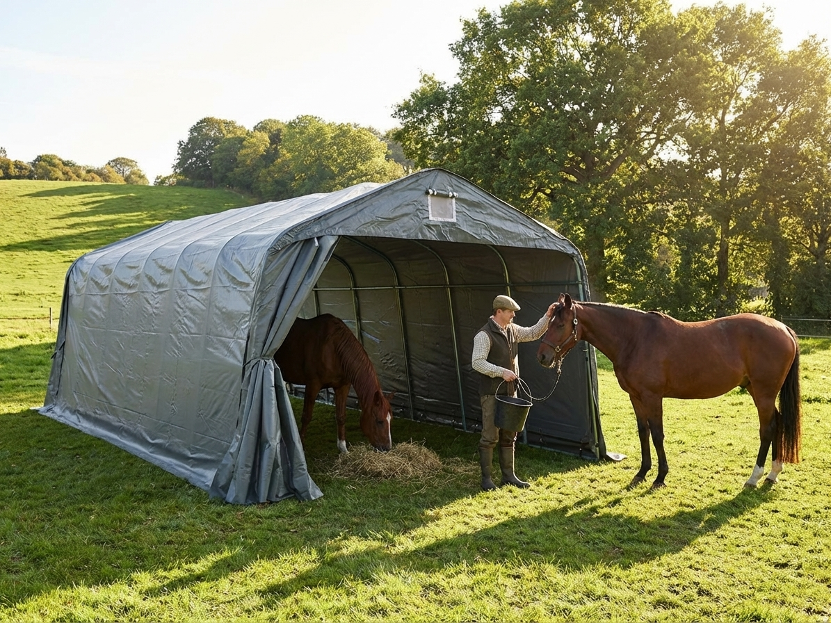 Grey livestock shelter made from PVC and steel - view 3
