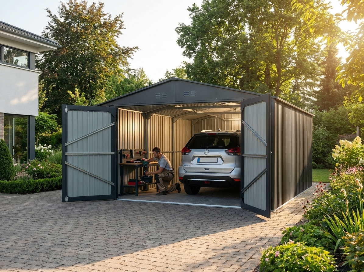 Metal garage in anthracite made of galvanised steel - view 3