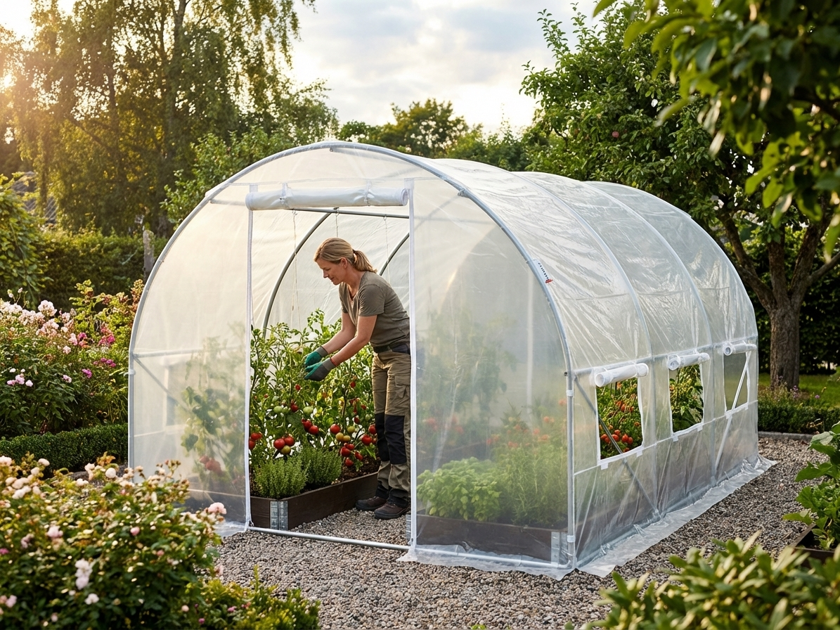 Transparent polytunnel greenhouse with galvanised steel frame - view 3