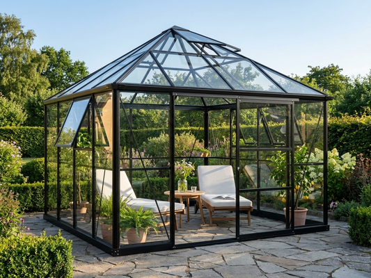 Black gazebo glass orangery with aluminium frame for outdoor shelter - product detail