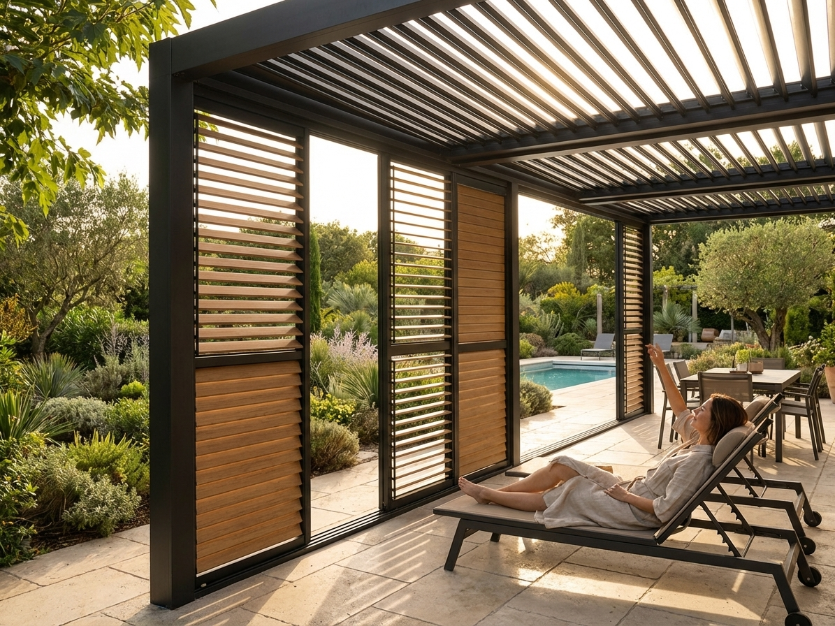 Louvre wall for pergola in wood finish and black aluminium - view 3