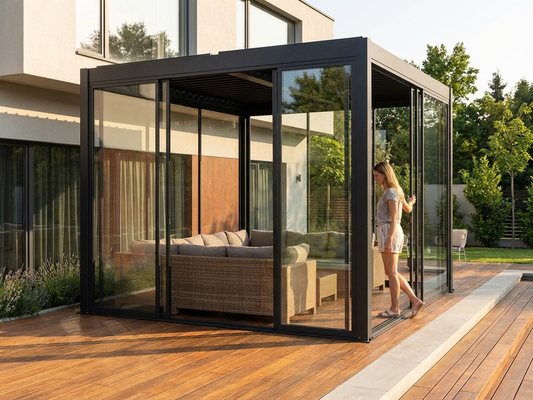 Sliding door set with 3m width, black tempered glass and aluminium frame - product detail