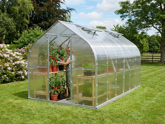 Polycarbonate greenhouse with galvanised steel frame in silver - product detail