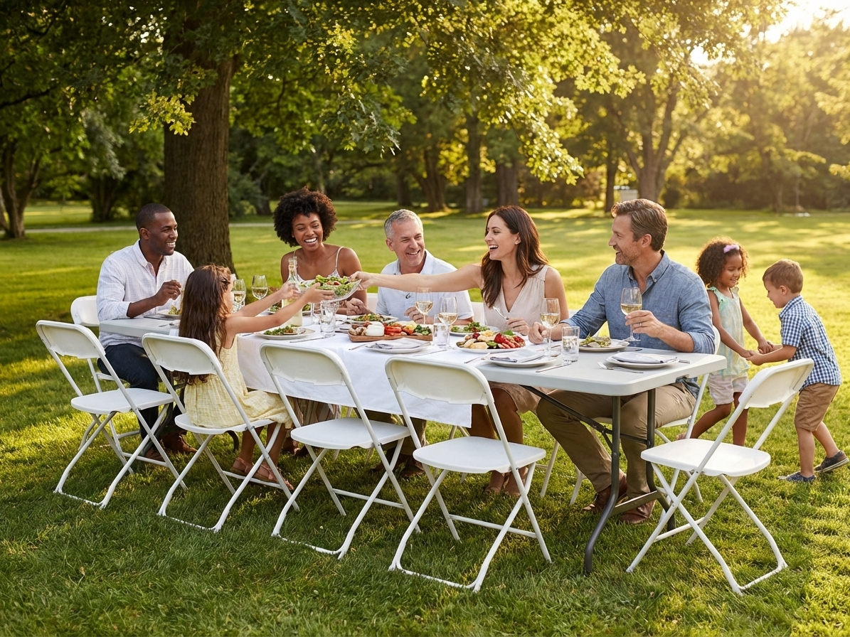 Folding table and chairs set in light grey and white, ideal for events - view 3