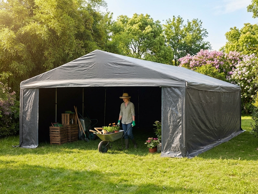 Grey storage tent 6x8 m with PE tarpaulin and steel frame - product detail