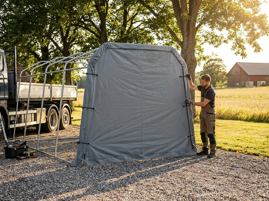 Grey portable garage endwall made of polyethylene tarpaulin - product detail