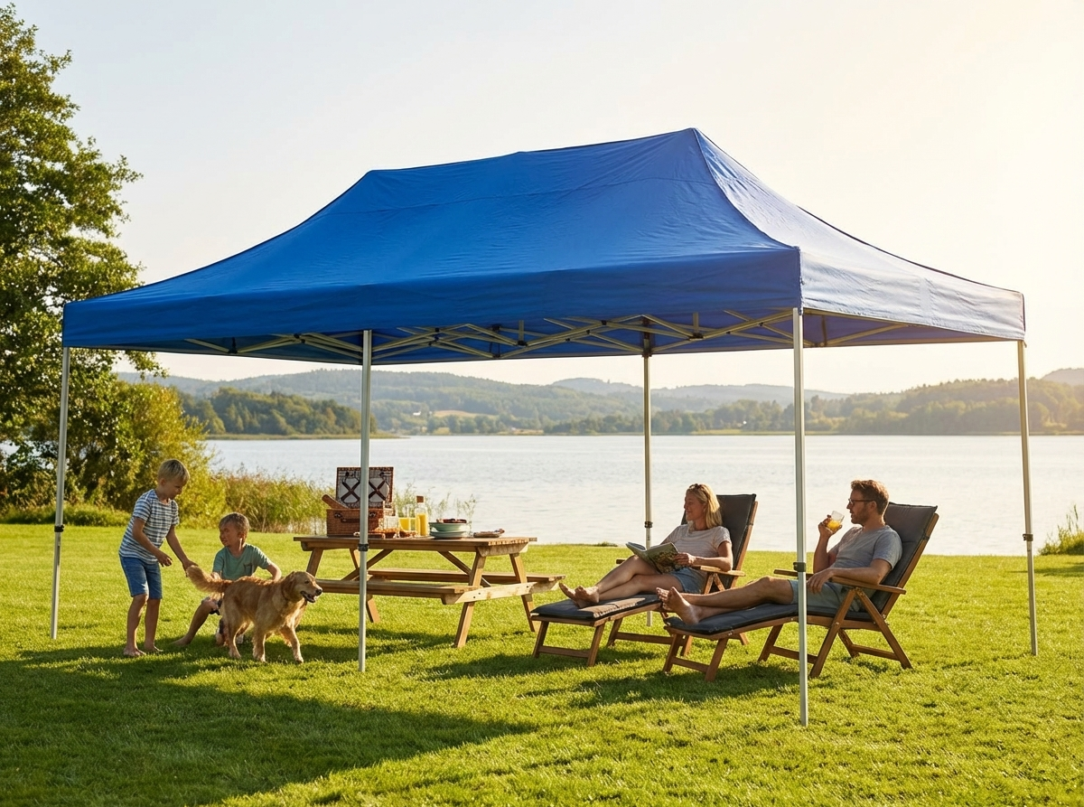 Blue pop-up gazebo with steel frame providing UV and water resistance - view 3