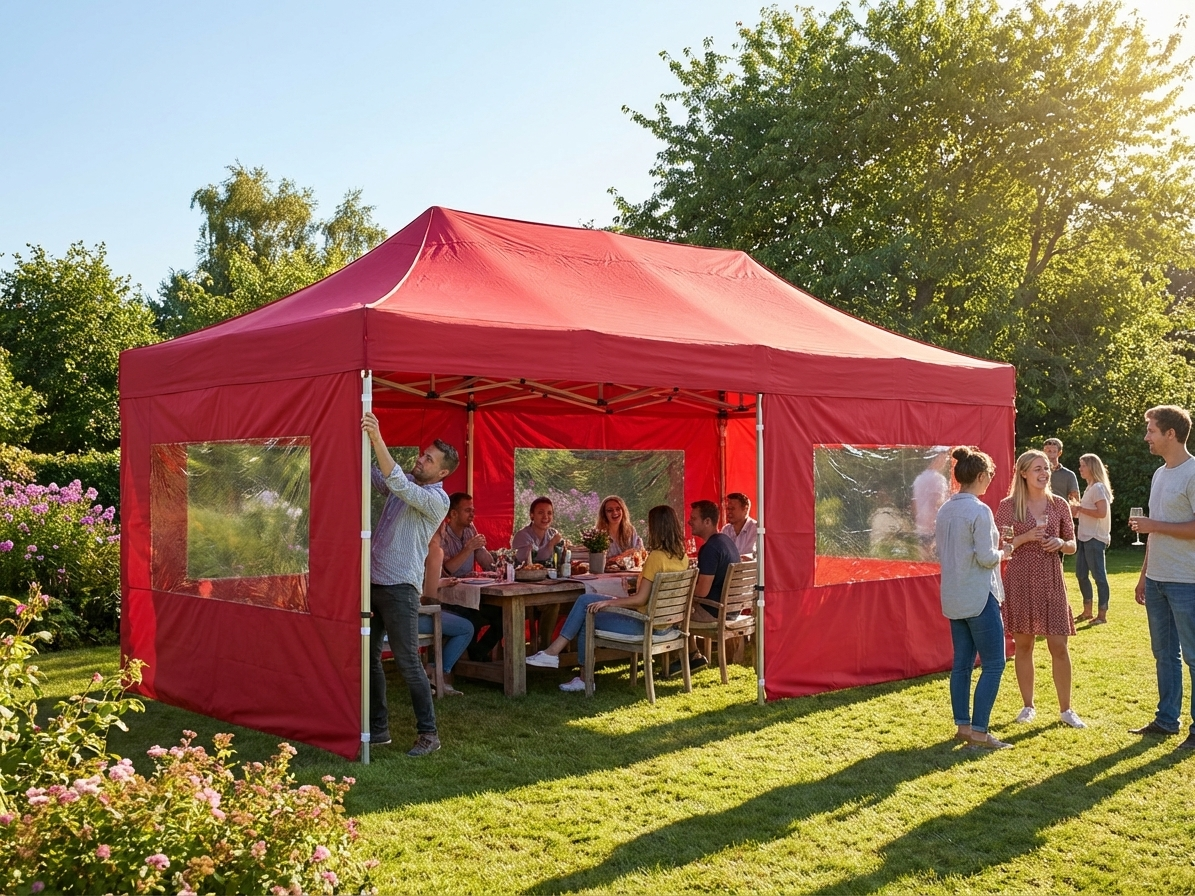 Red pop-up gazebo with steel frame and sidewalls for outdoor events - view 3